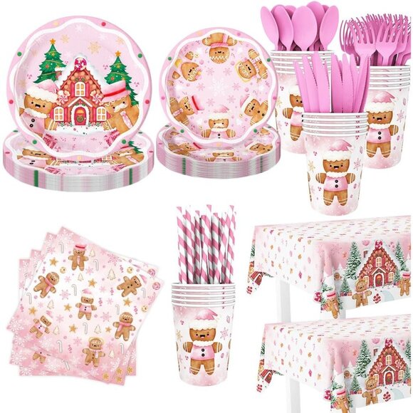 Elegant 194 Pcs Gingerbread Christmas Tableware Set - Eco-Friendly & Disposable